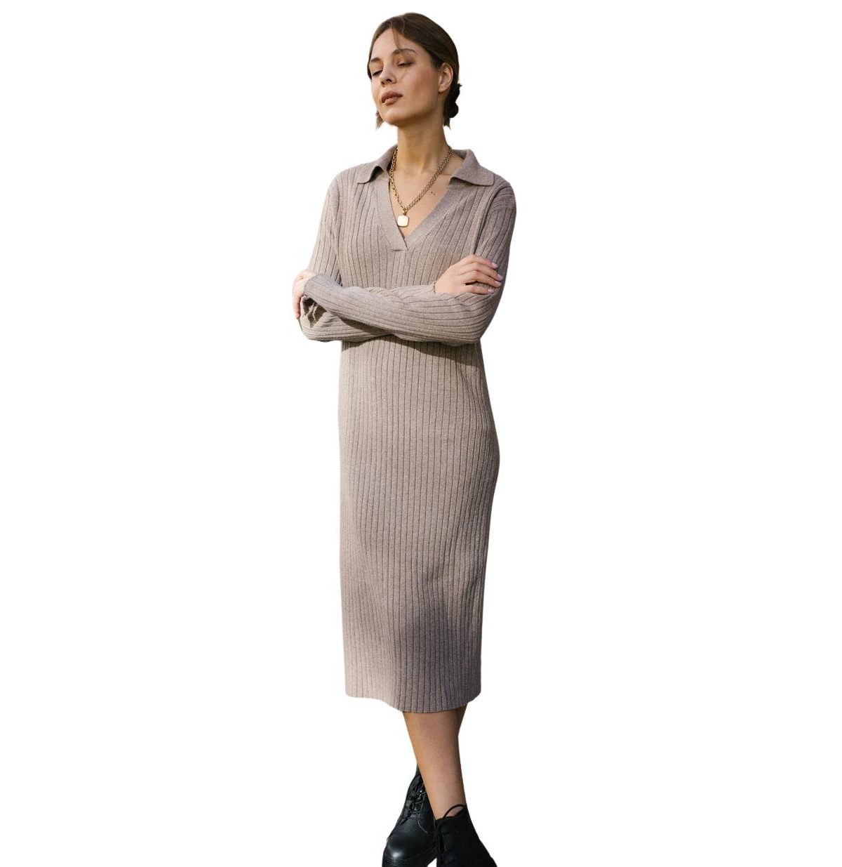 Women's Naomi V Neck Cashmere-Blend Midi Dress - Brown