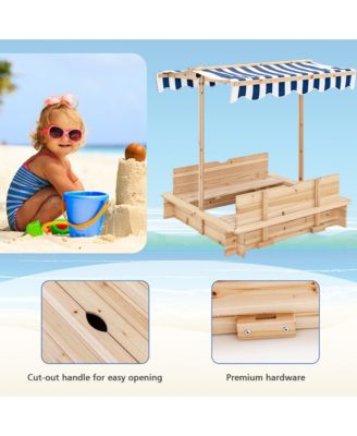 Kids Wooden Sandbox with Canopy & Foldable Bench Seats