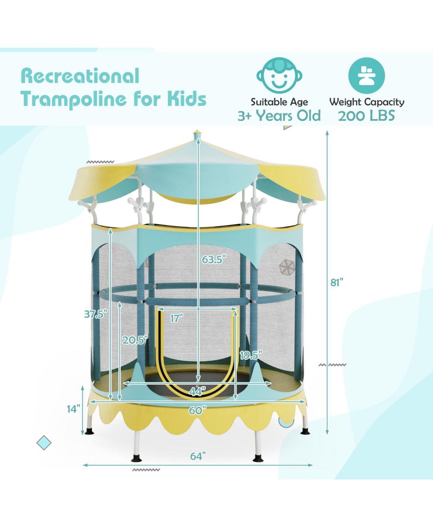 Детская игрушка Mecale 64 Inch Trampoline with Safety Enclosure Net and Detachable Canopy, Ages 3+, цвет: Синий — фото 2