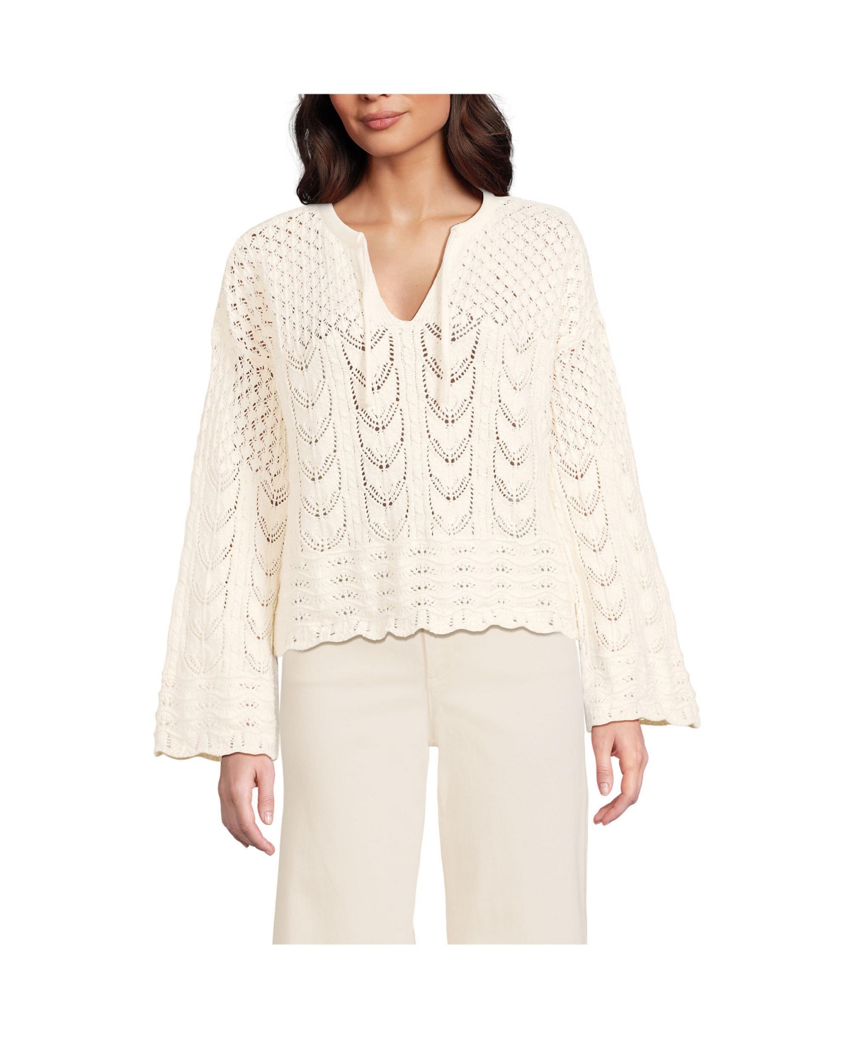 Women's Cotton Boucle Pointelle Notch Neck Sweater - Fresh ivory