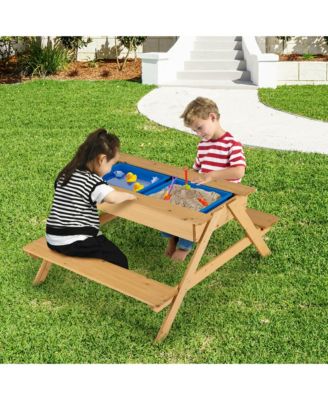 3 in 1 Kids Picnic Table Wooden Outdoor Water Sand Table w/ Play Boxes