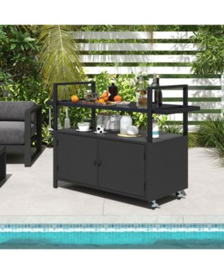 Outdoor Bar Cart Wicker Buffet Serving Cart with Cabinet and 8 Hooks