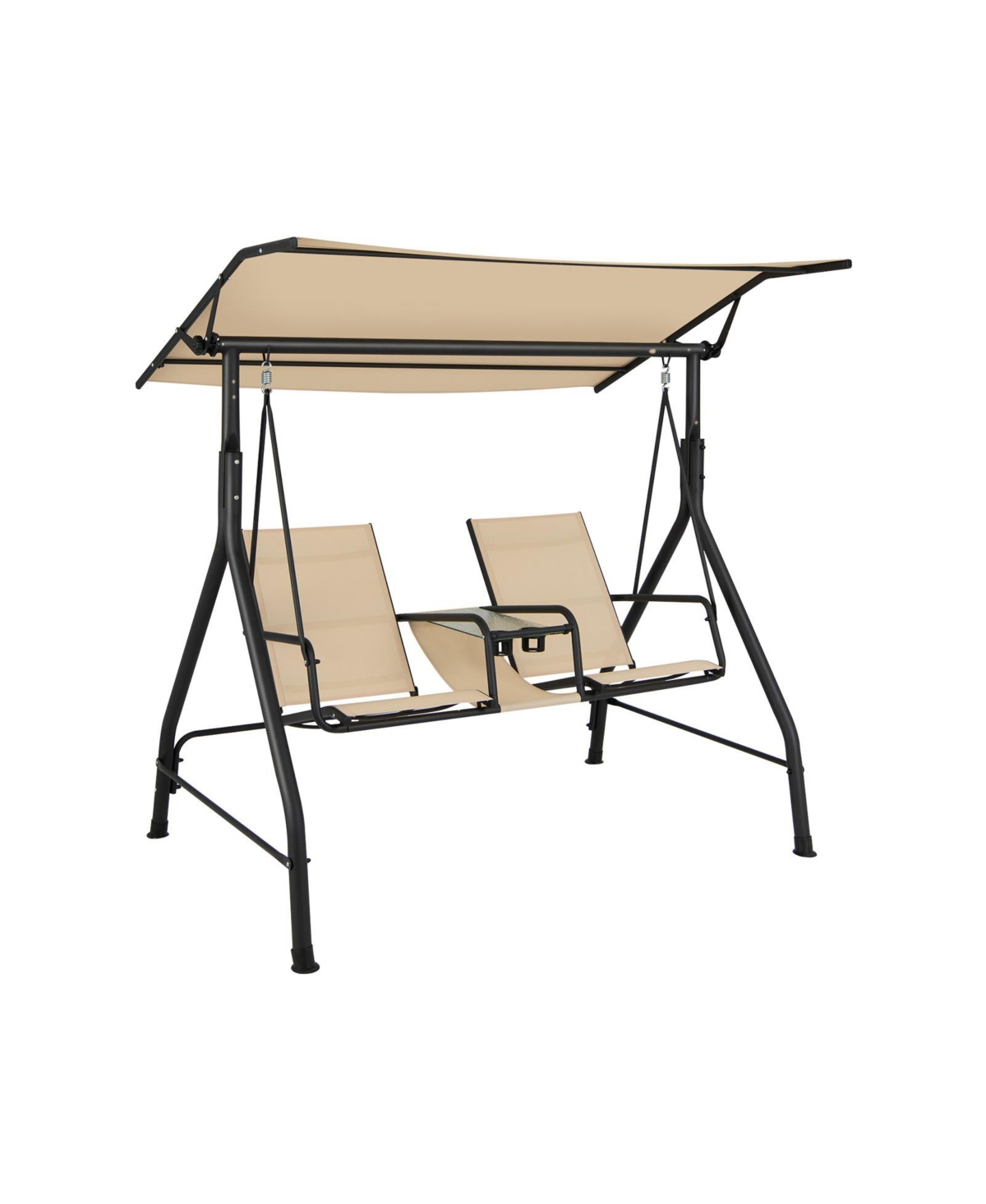 2-Seat Outdoor Cushioned Porch Swing with Adjustable Canopy and Tempered Glass Table - Beige
