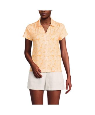 Women's Linen Blend Short Sleeve Button Front Polo Top