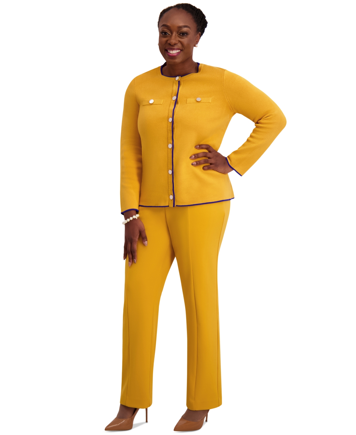 Kasper Round-neck Long-sleeve Button Front Cardigan, Regular & Plus