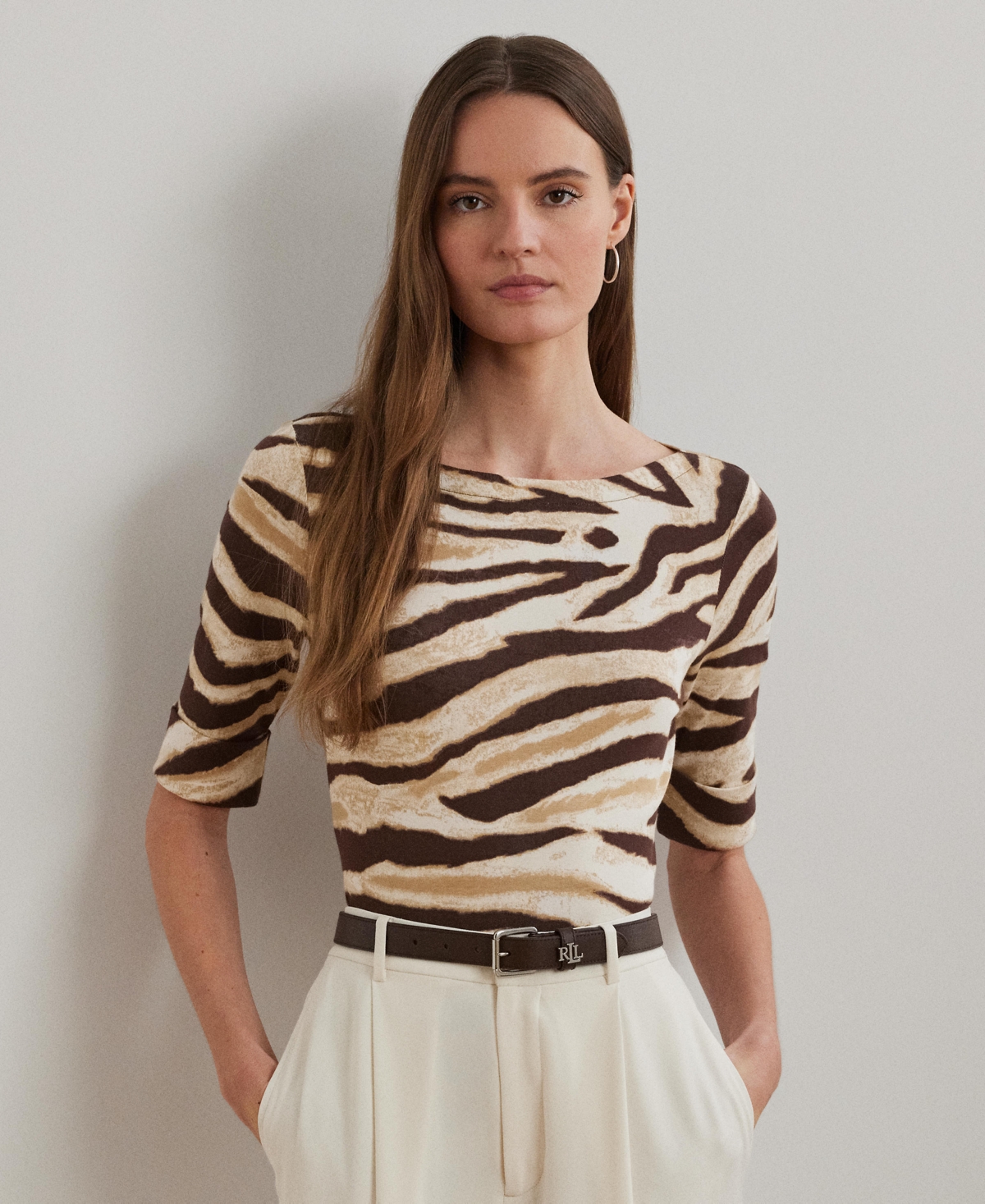 Women's Zebra-Print Stretch Cotton Boatneck Tee - Cream/Brown