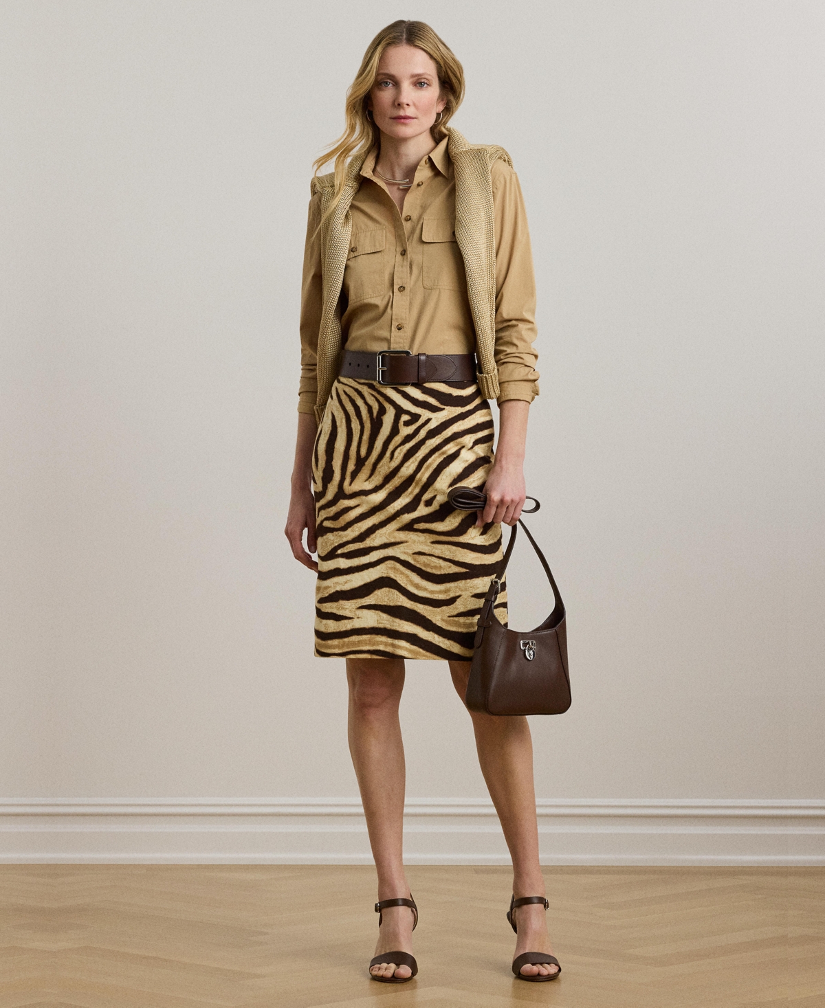 Women's Zebra-Print Linen-Cotton Pencil Skirt - Cream/Brown