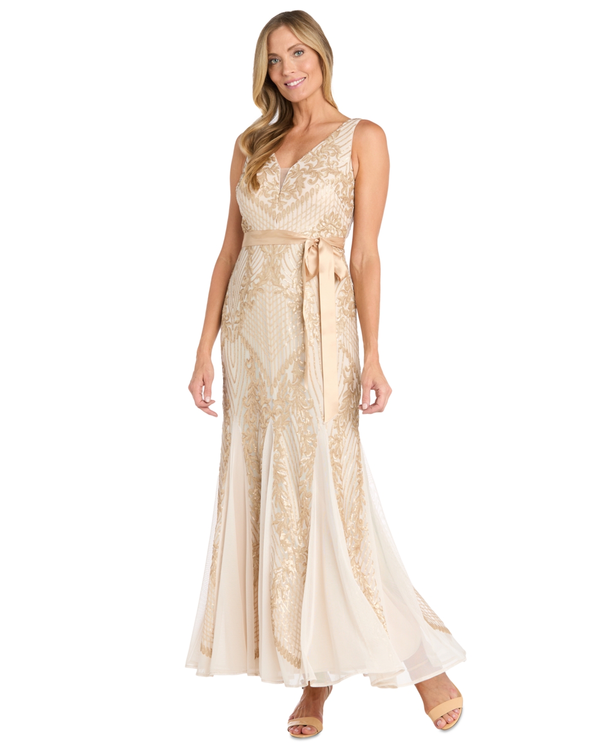 Petite Sequin Embellished V-Neck Sleeveless Gown - Ivory/Gold