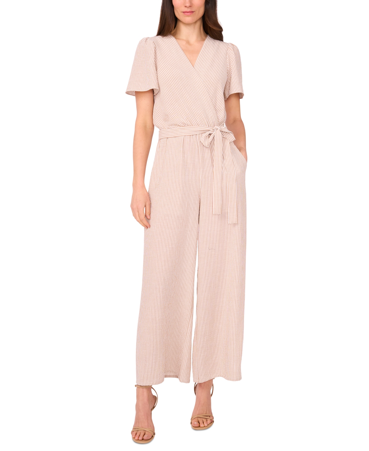 Women's Striped Surplice Wide-Leg Jumpsuit - Beige