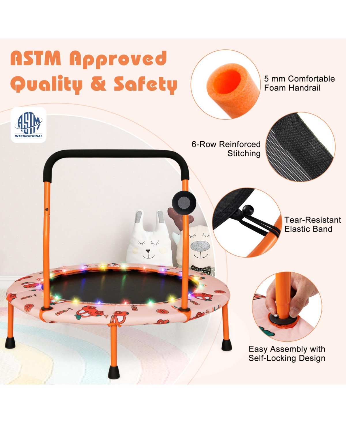 36 Inch Mini Trampoline with Colorful Led Lights and Bluetooth Speaker