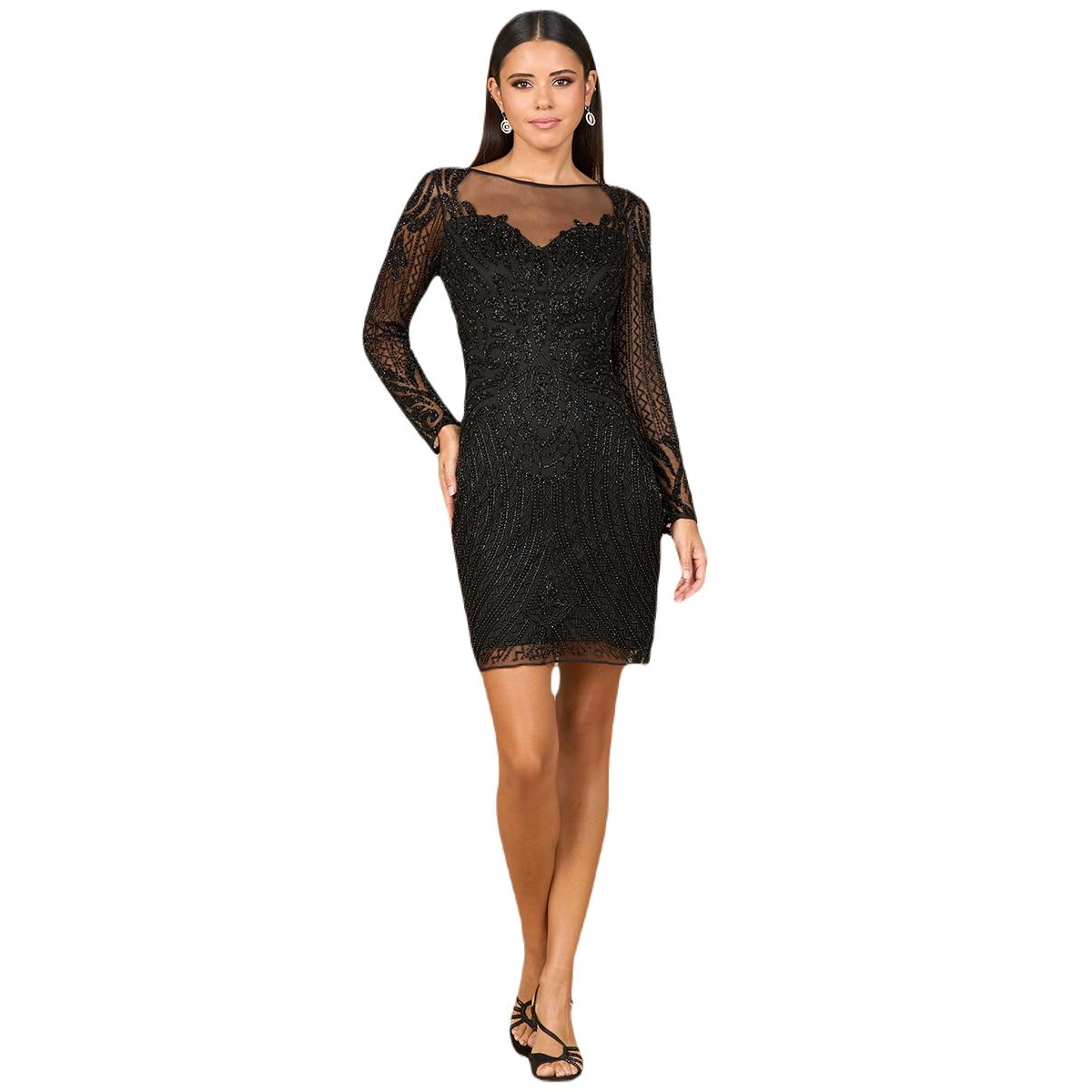 Women's Long Sleeve Cocktail Dress with Illusion Neckline - Black