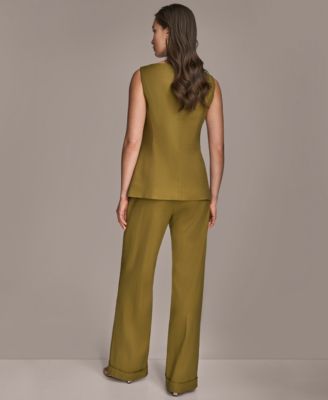 Women's Linen-Blend Button-Front Vest & Belted Pants, Regular & Petite