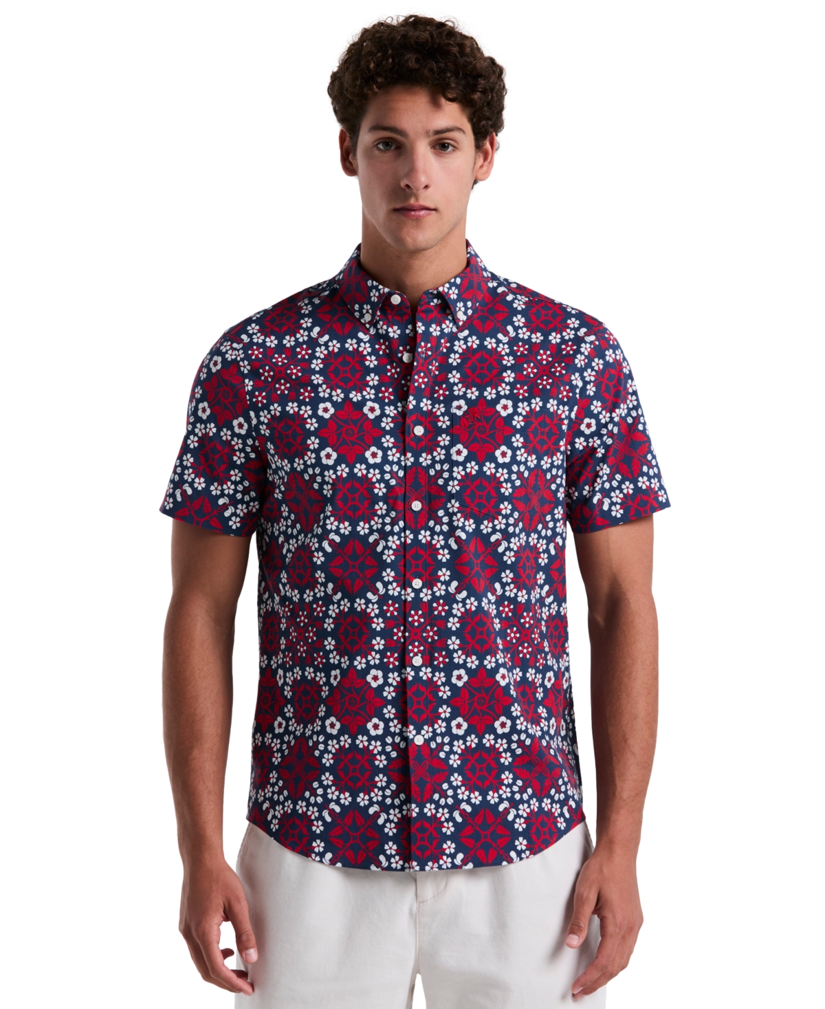 Men's Slim Fit Short Sleeve Medallion Print Button-Down Shirt - True Red