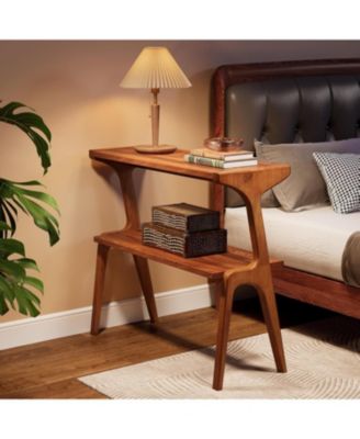 Narrow End Table for Living Room, 2-Tier Slim Sofa Side Table with Solid Wood Legs, Bedside Table, Nightstand for Bedroom