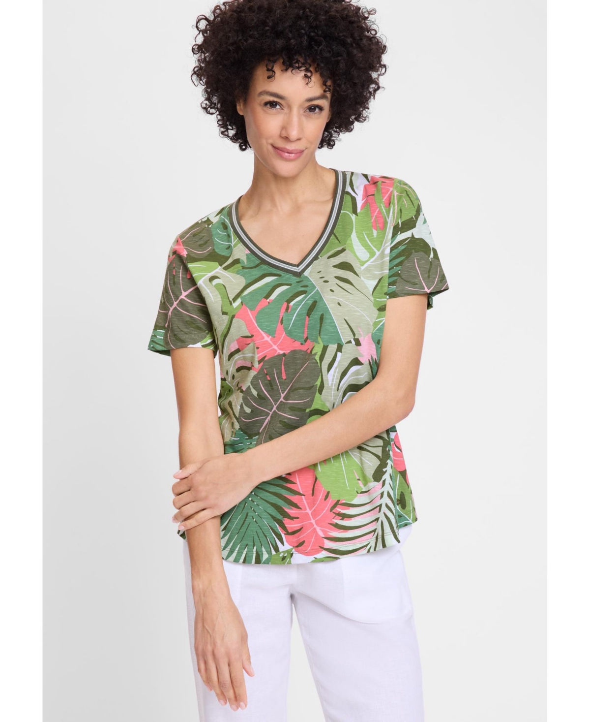 Women's Abstract Palm Print T-Shirt - Olive