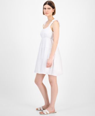 Juniors' Bubble-Strap Tiered Mini Dress