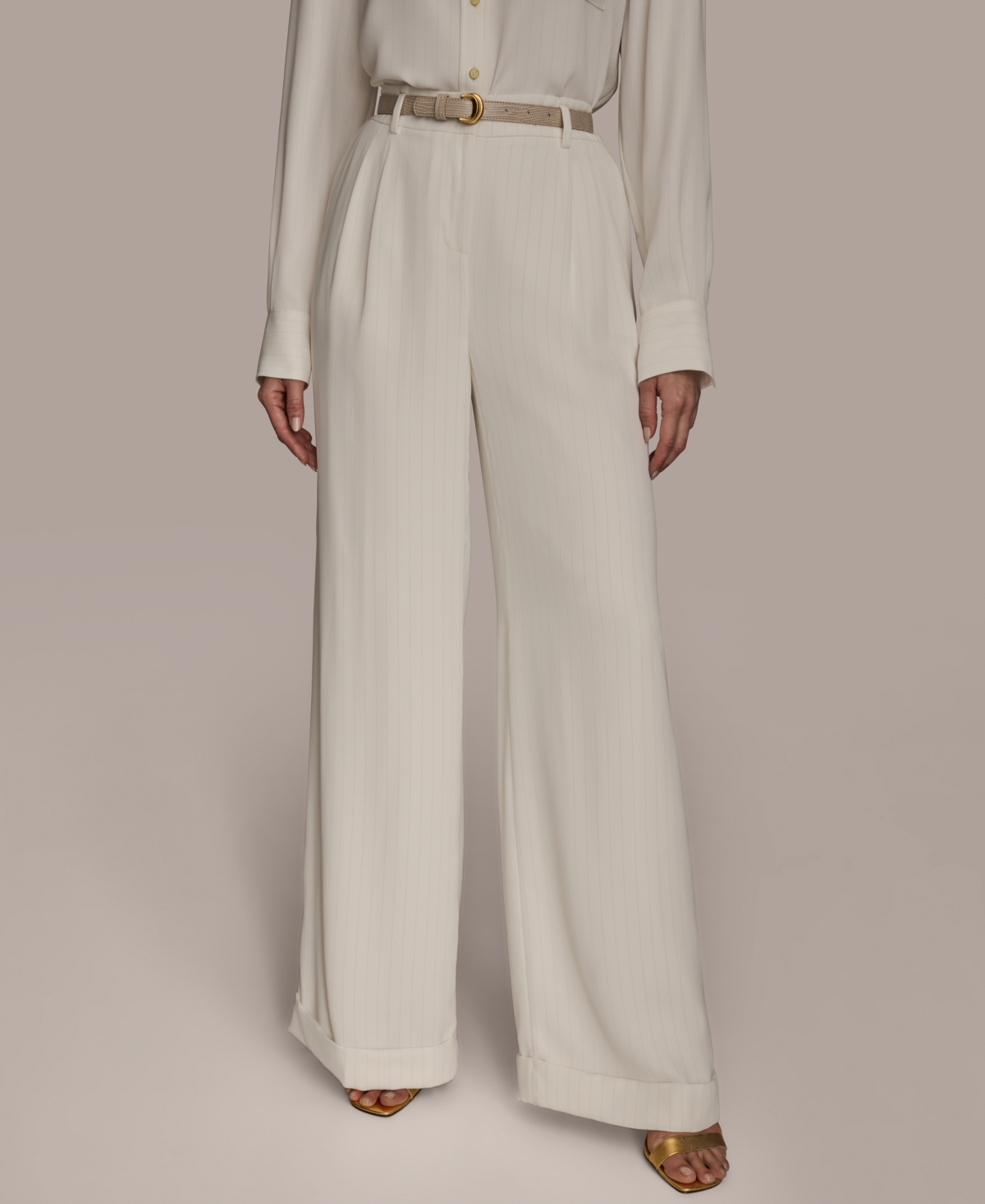 Women's Pinstripe Wide-Leg Belted Pants, Regular & Petite - Cream/Tuscan Grey
