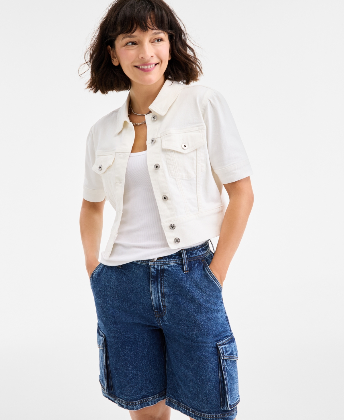 Women's Elbow Puff Sleeve Denim Jacket, Exclusively at Macy's - Bright White