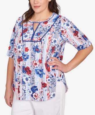 Plus Size Riviera Floral Stripe Print Knit Top