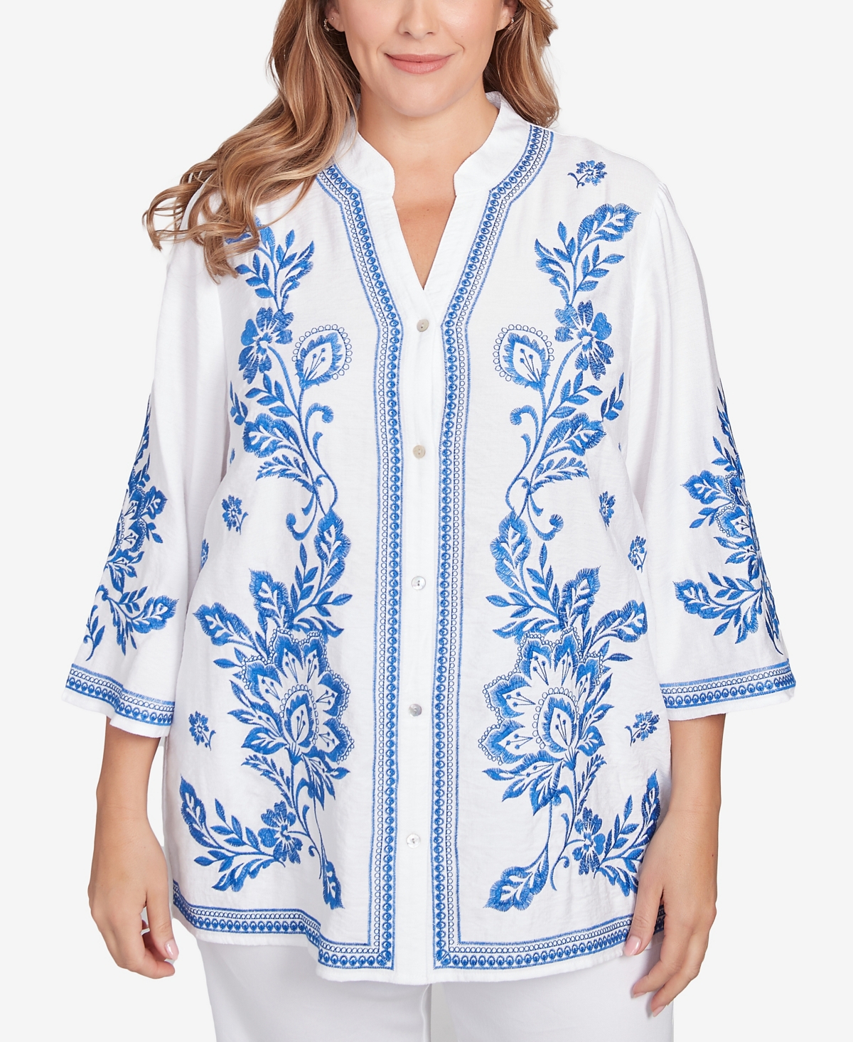 Plus Size Tidal Embroidered Button Front Top - White