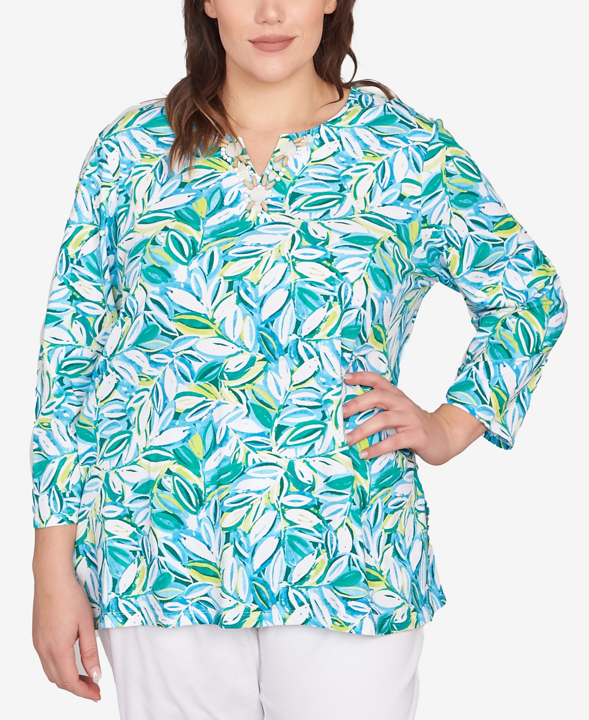 Ruby Rd. Plus Size Tossed Leaves Embellished Knit Top