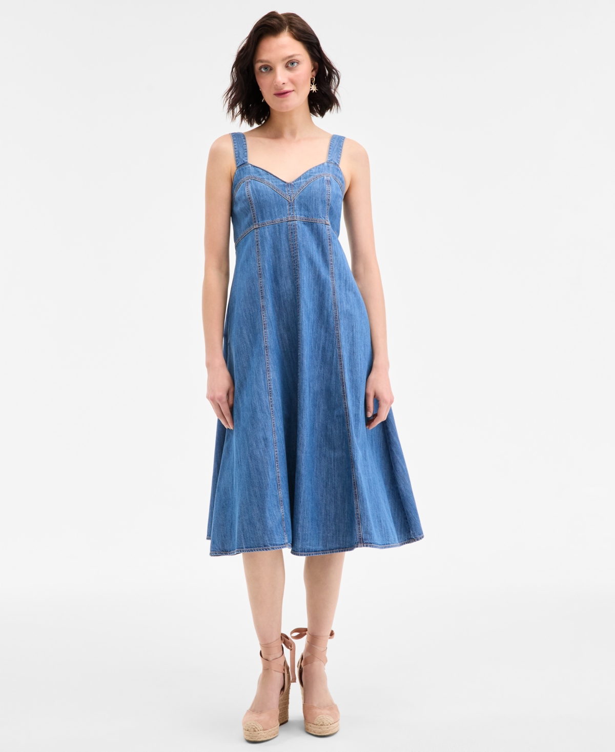 Women's Denim Sweetheart-Neck Midi Dress, Exclusively at Macy's - Bright Medium