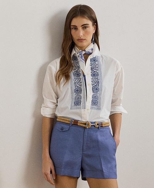 alfani Lauren Ralph Lauren Women's Geo-Embroidered Cotton Broadcloth Shirt Women's Fashion Shoes & Accessories