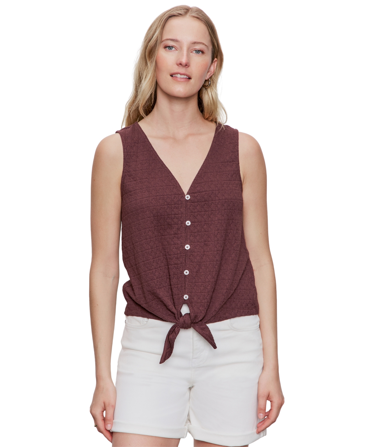 Sanctuary Vacation Textured Tie Front Button-up Tank In Brown