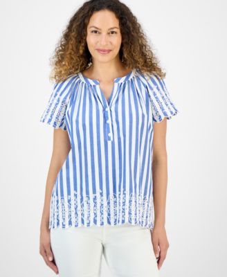 Style & Co - Petite Striped Eyelet Top