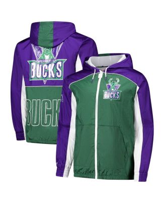 Mitchell & Ness - Men's Green/Purple Milwaukee Bucks Hardwood Classics Big Shot Premium Full-Zip Windbreaker Jacket