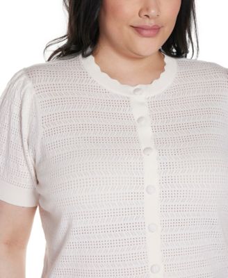 Plus Size Pointelle Scalloped-Placket Cardigan Sweater