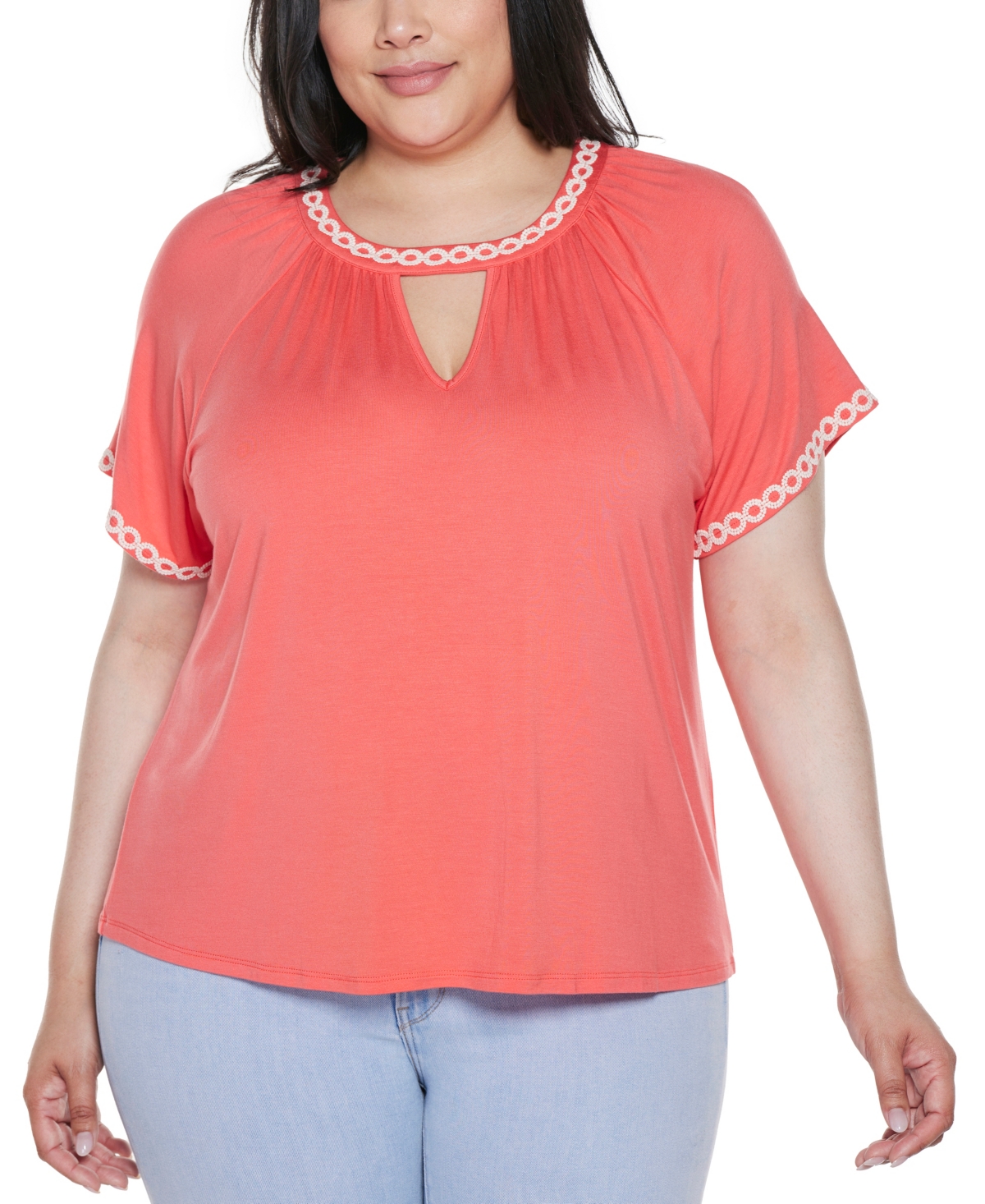 Shop Belldini Plus Size Crochet-trim Short Sleeve Knit Top