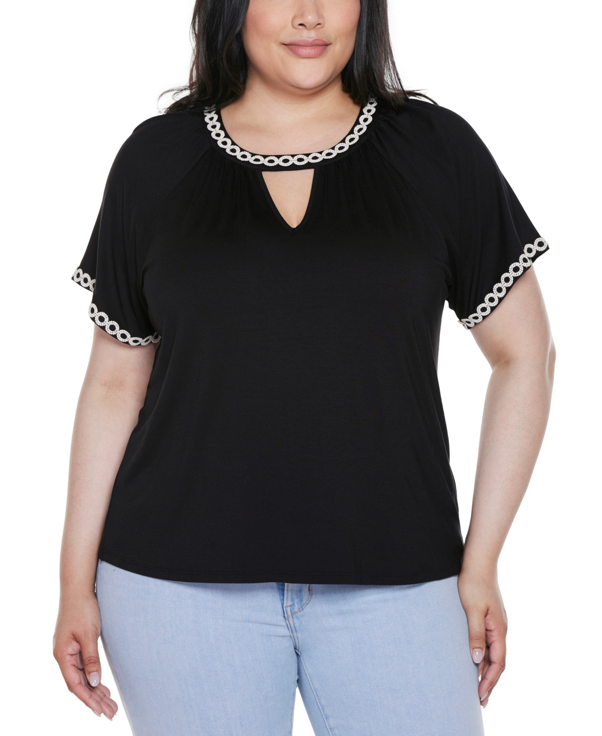 Belldini Plus Size Crochet-trim Short Sleeve Knit Top