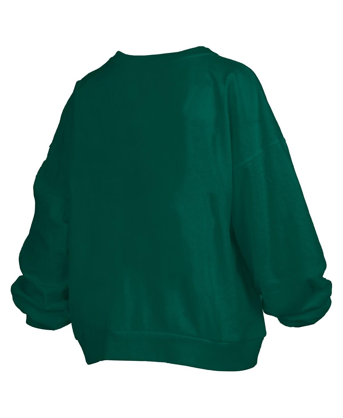 PRESSBOX WOMEN'S GREEN MIAMI HURRICANES JANISE ARCH OVER LOGO WAIST LENGTH OVERSIZED PULLOVER SWEATSHIRT 
