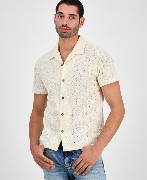 alfani GUESS Men's Wesley Short Sleeve Crochet Camp Shirt Men's Fashion & Accessories