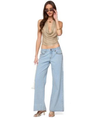Women's Shiny Knit Cowl Neck Backless Top
