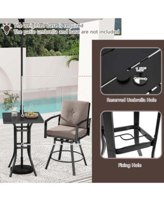 3 PCS Patio Swivel Bar Set Table and Chairs Set with Soft Cushions & Umbrella Hole