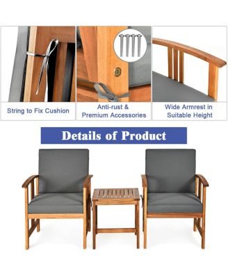 3PCS Outdoor Patio Sofa Furniture Set Solid Wood Cushioned Conversation Set Grey