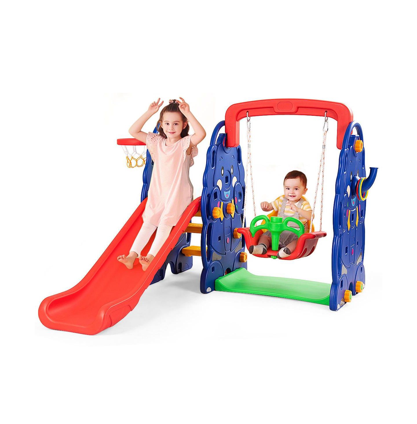Детские игрушки Mecale 3-in-1 Freestanding Climber Slide Swing with Basketball Hoop and Ring Toss, Holds 66 Lbs., Ages 3+, цвет: Синий — фото 1
