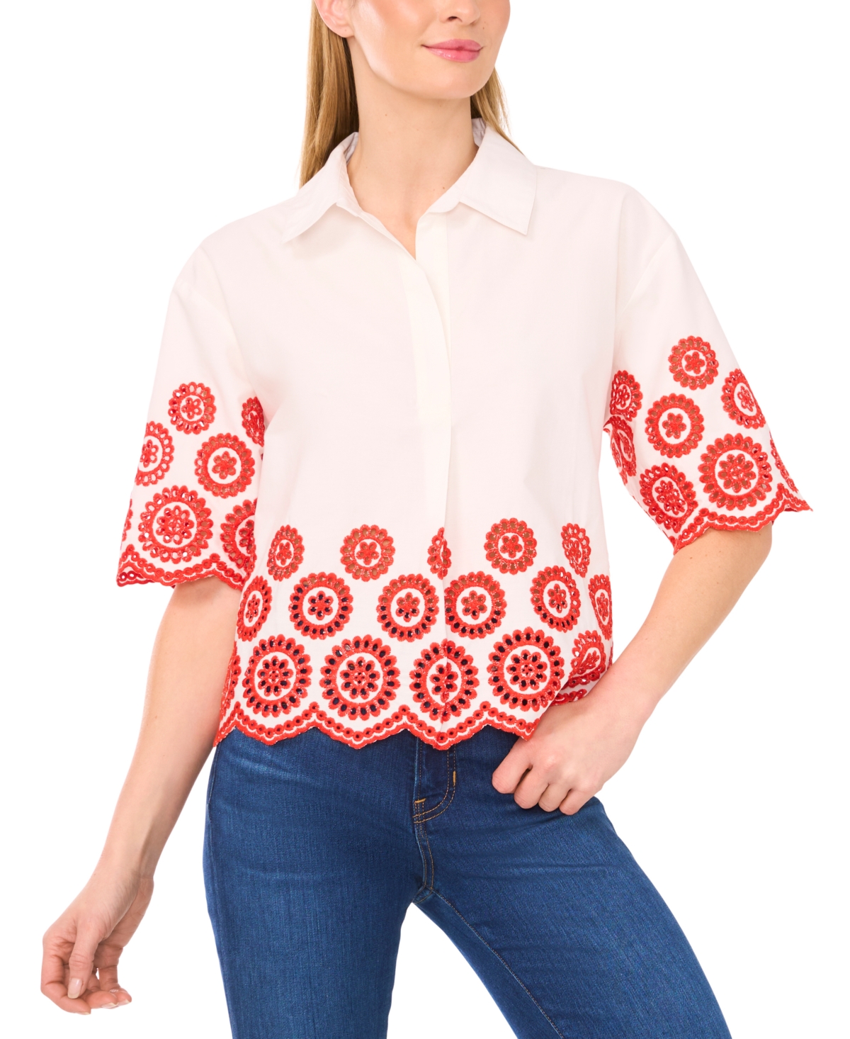 Women's Contrast Embroidered Cotton Collared Shirt - Fiery Red