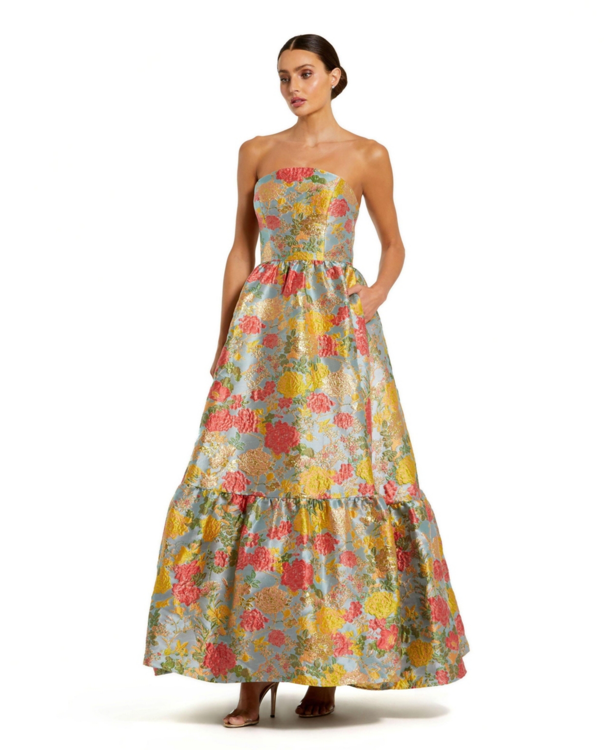 Women's Strapless Brocade Floral Gown With Ruffle Hem - Turquoise multi