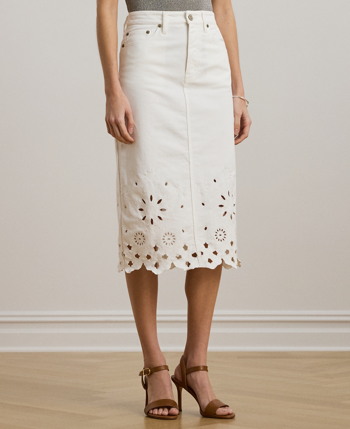 Ralph Lauren Petite Eyelet Denim Midi Skirt