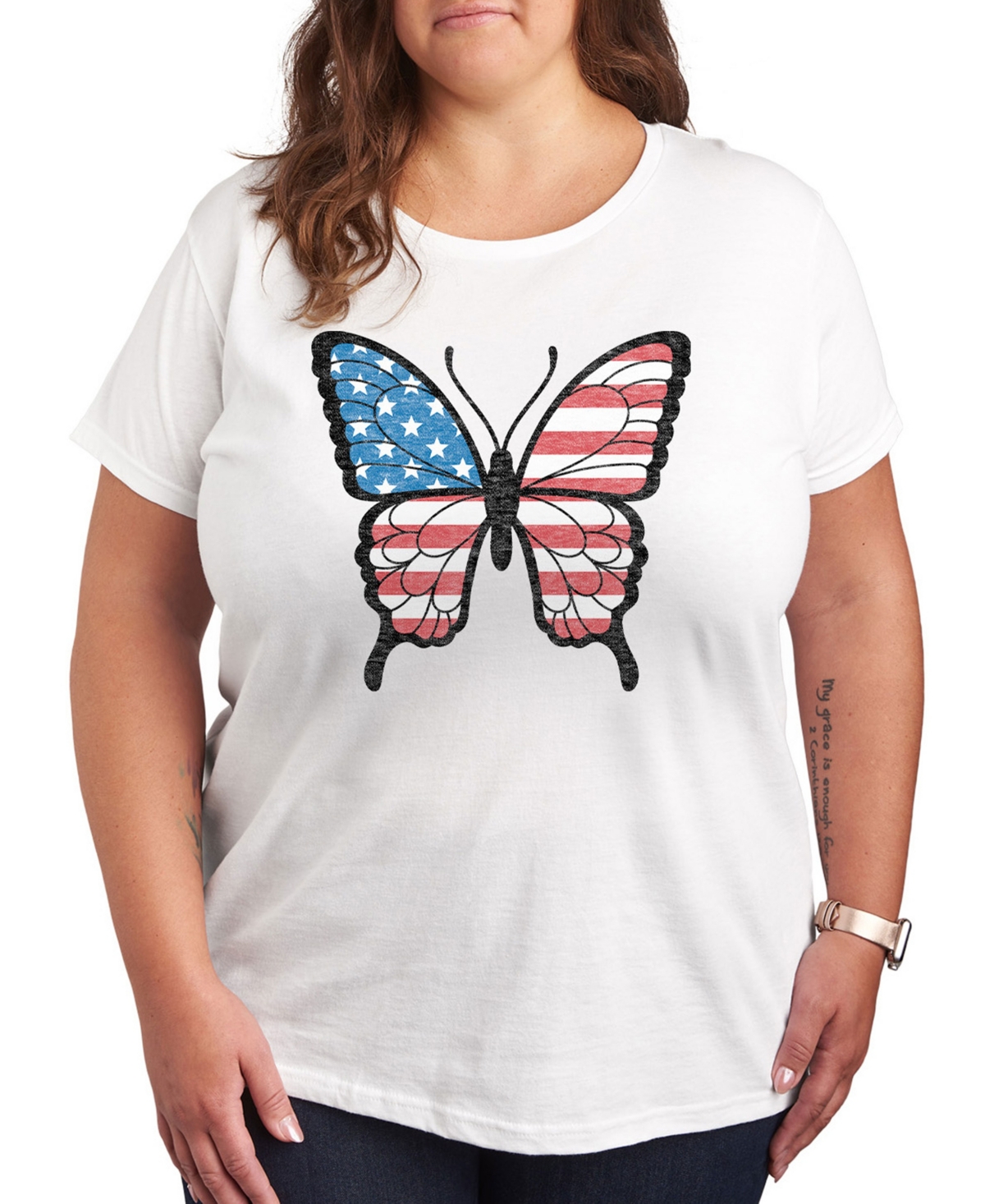 Plus Size Americana Butterfly Graphic Crew Neck T-Shirt - White