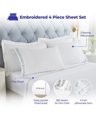 Chain Links Cotton Embroidered Deep Pocket 4 Pc Bed Sheet Set, Full