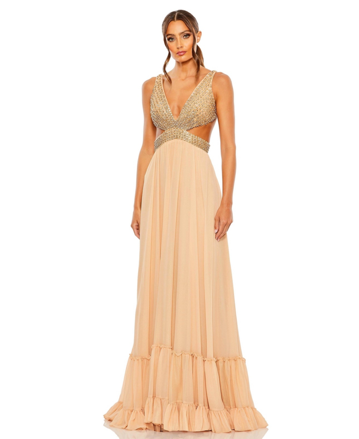 Women's Lace Up Rhinestone Embellished Cut Out Gown - Gold