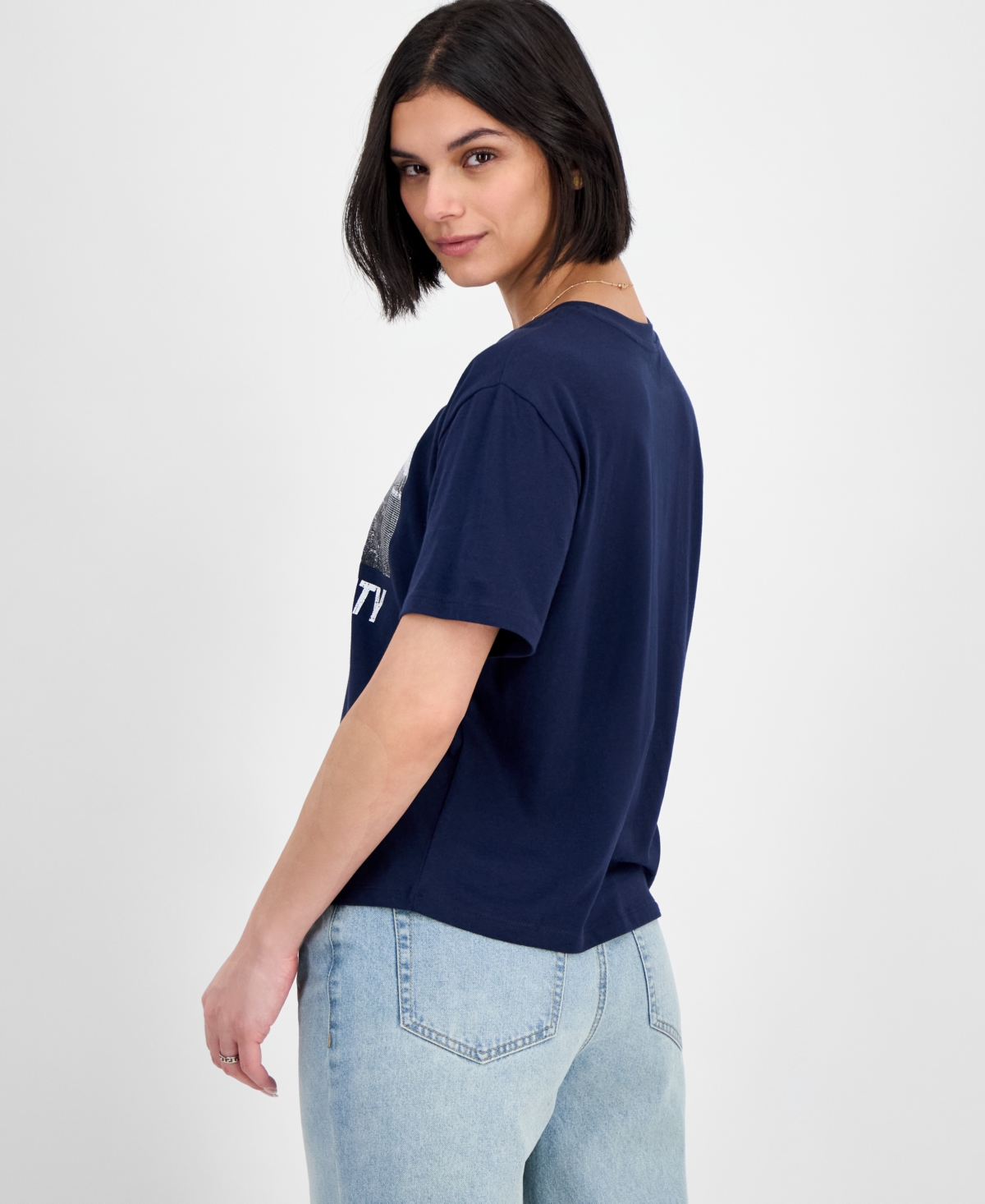 Rebellious One Juniors' Nyc Graphic Cropped T-shirt In Blue
