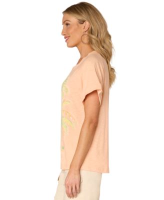Petite Embroidered Roll-Cuff Scoop-Neck Top