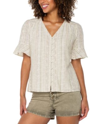 Liverpool Los Angeles - Women's Striped Embroidered Cotton Linen Blouse