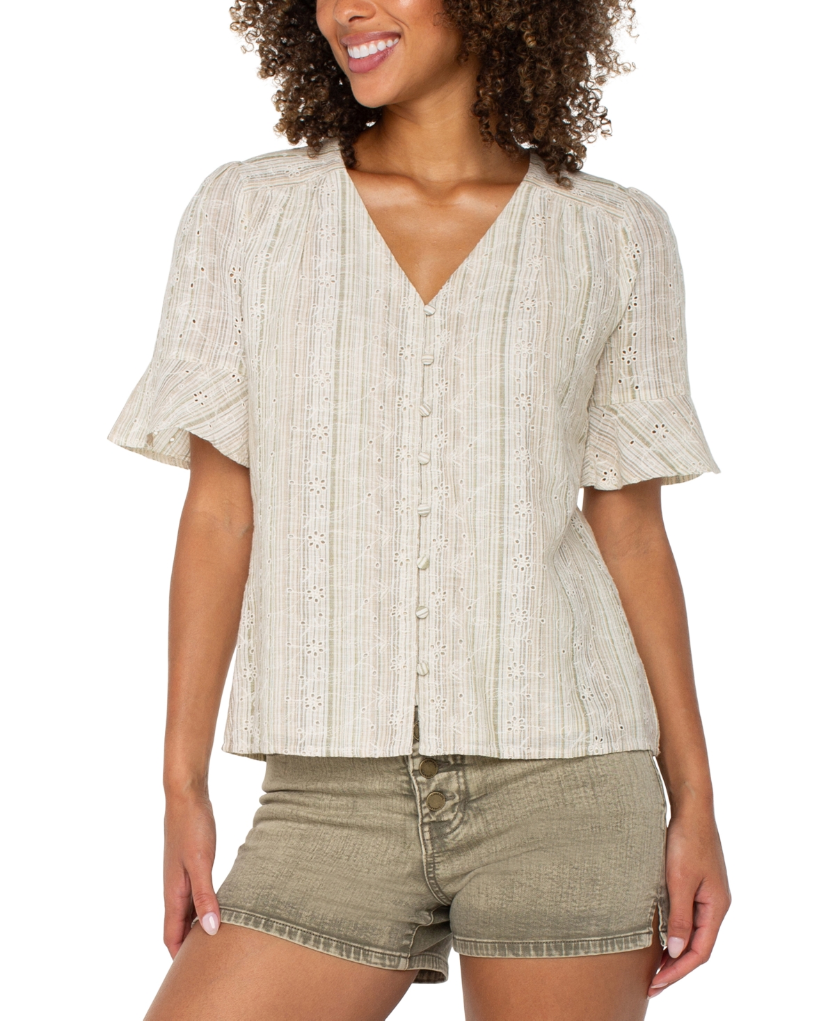 Women's Striped Embroidered Cotton Linen Blouse - Green/Tan Stripe