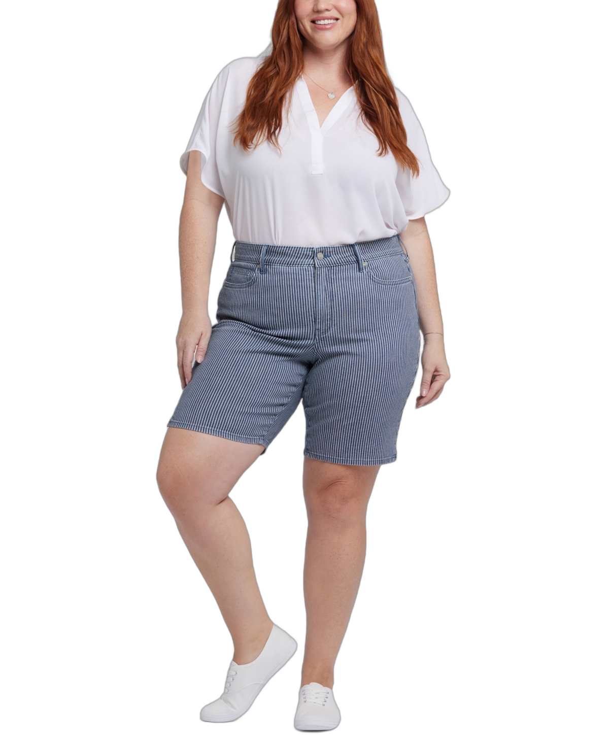 Plus Size Ella Denim Shorts with Side Slits - Malaga Stripe